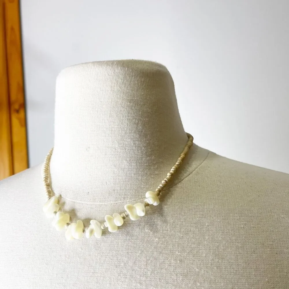 Vintage Avon Jewelry Necklace Mother Of Pearl Tan Wooden Bead Choker 90s Fashion